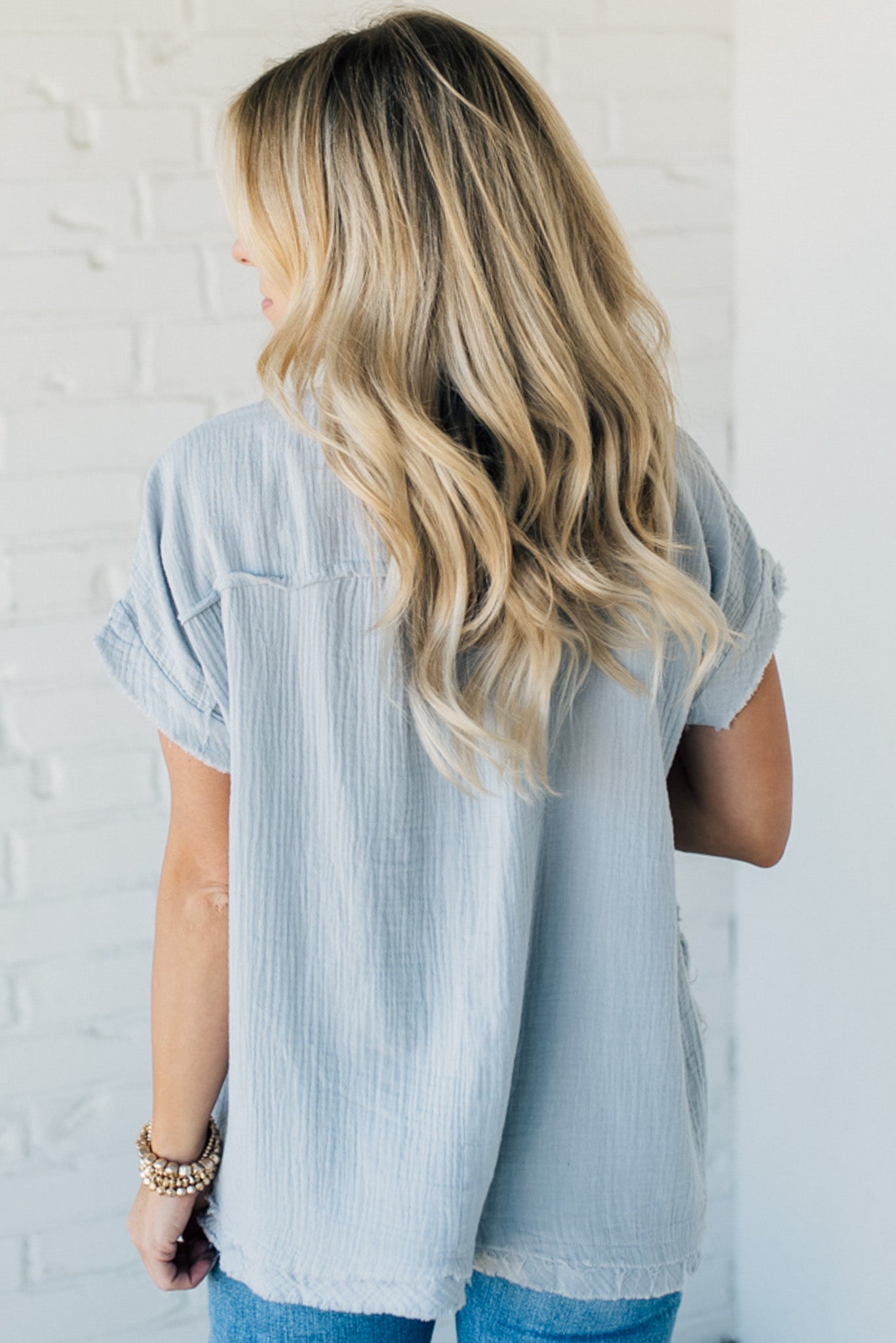 Raw Edge Gauze Top – Lightweight Cotton Babydoll Style Blouse with Side Pockets