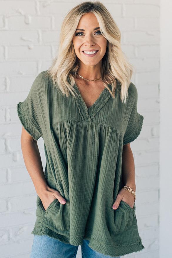 Raw Edge Gauze Top – Lightweight Cotton Babydoll Style Blouse with Side Pockets