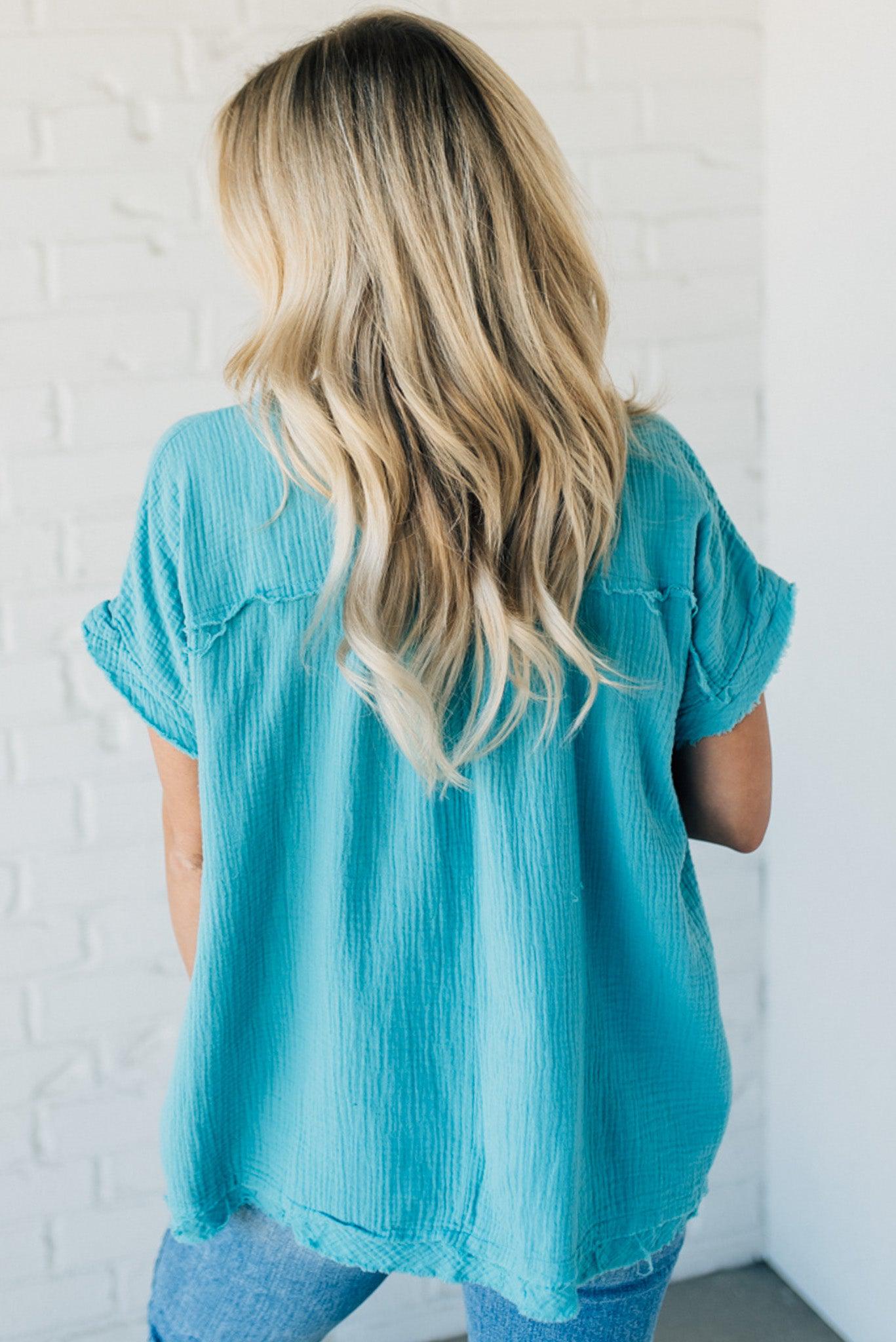 Raw Edge Gauze Top – Lightweight Cotton Babydoll Style Blouse with Side Pockets