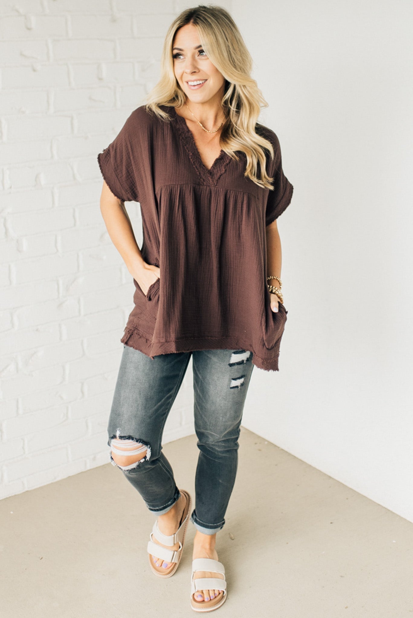 Raw Edge Gauze Top – Lightweight Cotton Babydoll Style Blouse with Side Pockets