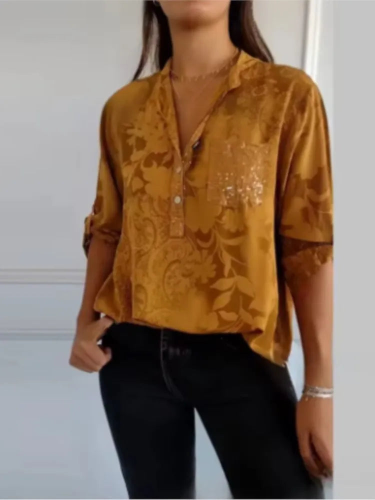 Pocketed V-Neck Shirt – Elegant Women's Casual Shirt with Chest Pocket