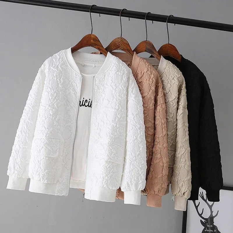 Ladies Baseball Jacket - Solid Color White Korean Fashion Zipper Coat