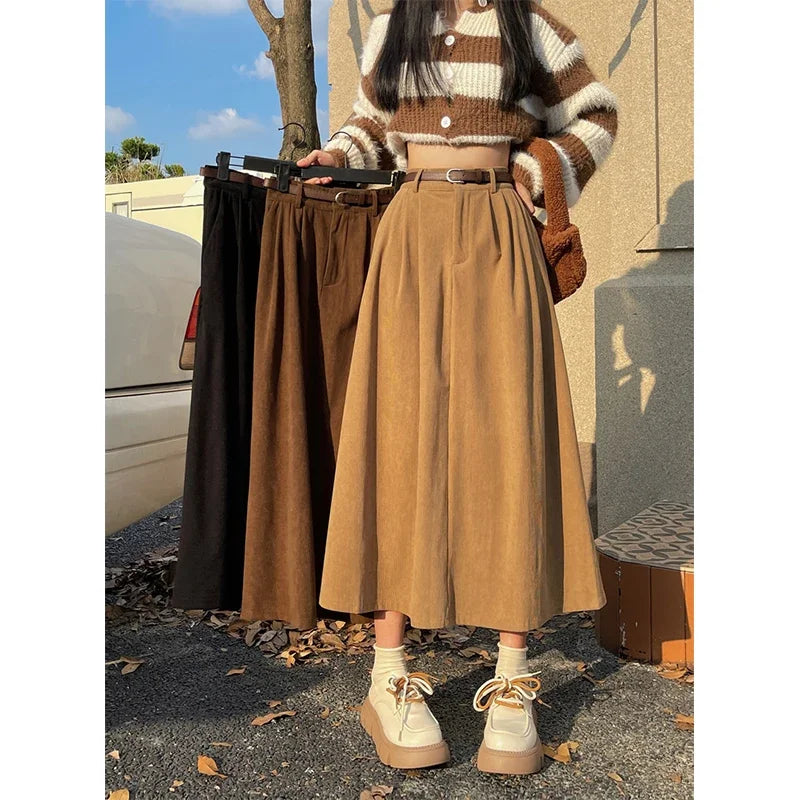 Corduroy Midi Skirt – Classic Belted A-Line High Waist Soft Fabric Skirt
