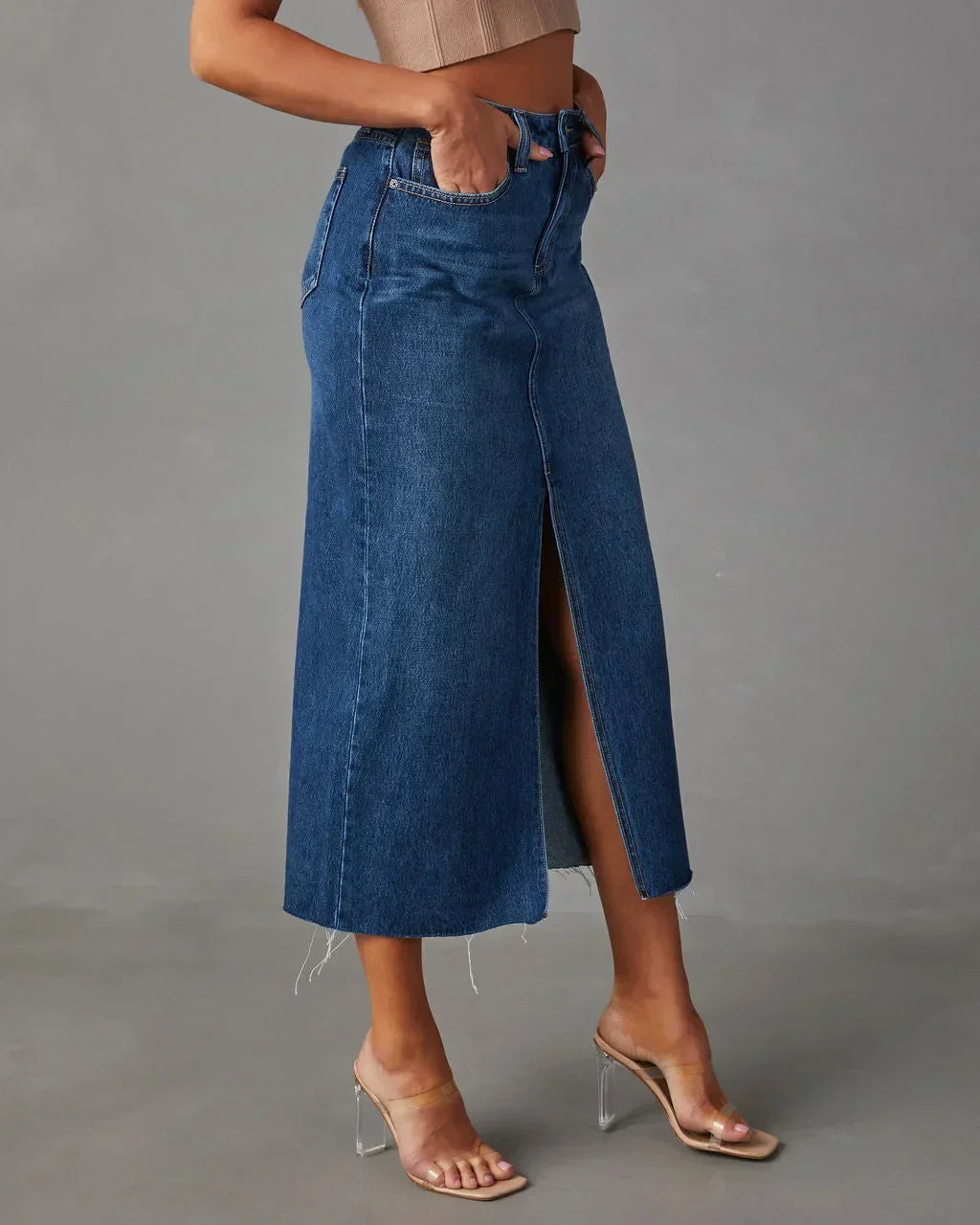 High Waist Denim Skirt – Classic Vintage Style Midi Length With Front Slit