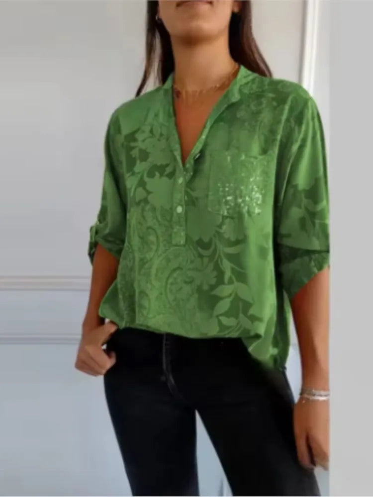 Pocketed V-Neck Shirt – Elegant Women's Casual Shirt with Chest Pocket