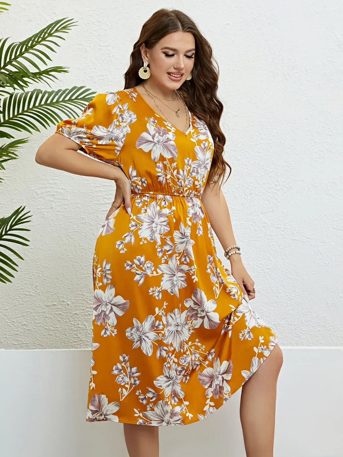 Floral Midi Dress - Yellow A-Line Plus Size Dress With Elastic Waist & V-Neck