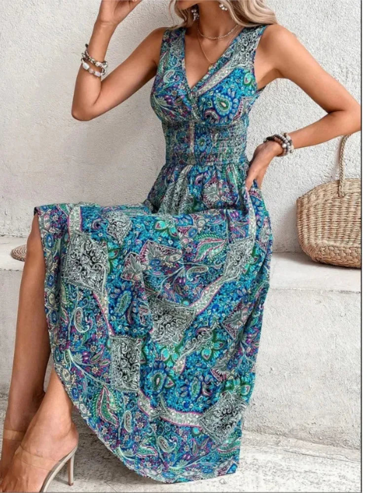 Boho Maxi Dress – Lightweight Sleeveless V-Neck Flowy Summer Dress with Tummy Coverage