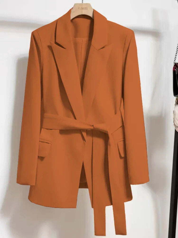 Office Blazer - Women's Tailored Belted Waist Blazer for Polished Workwear