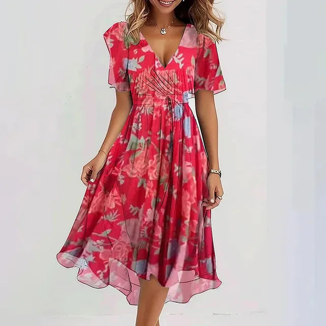 Red Midi Dress - Elegant Short Sleeve Dress With Flattering Cut For Women
