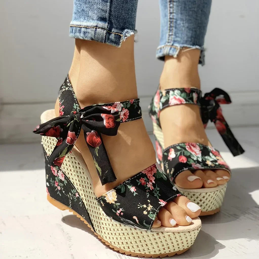 Floral Wedge Sandals - Lace-Up Adjustable Strap Women's Summer Shoes