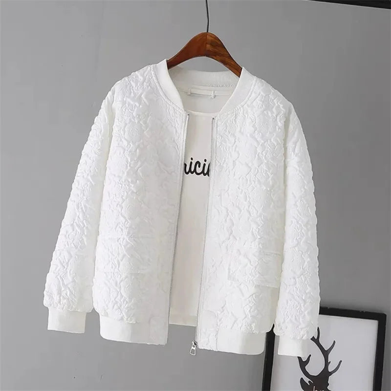 Ladies Baseball Jacket - Solid Color White Korean Fashion Zipper Coat