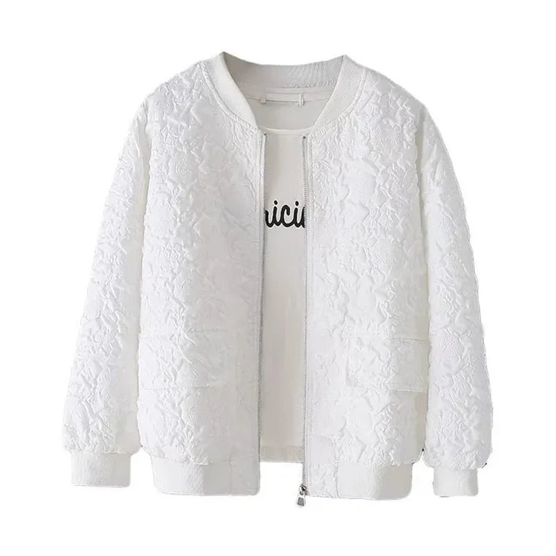 Ladies Baseball Jacket - Solid Color White Korean Fashion Zipper Coat