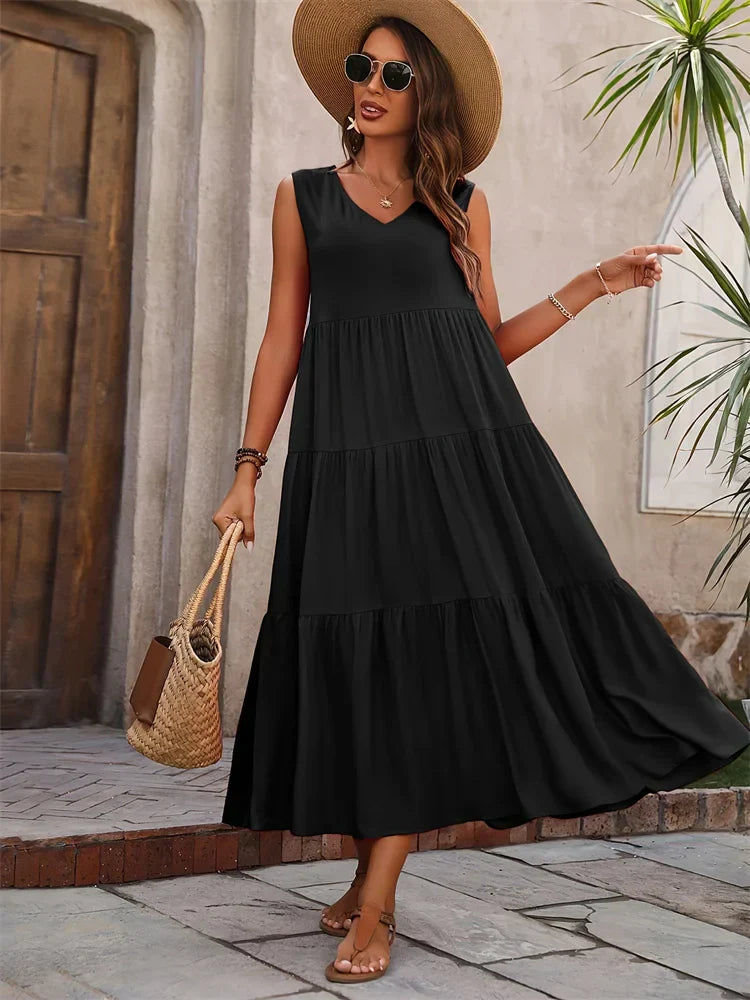 Flowing Maxi Dress - Lightweight Breathable Fabric | Tiered Summer Gown