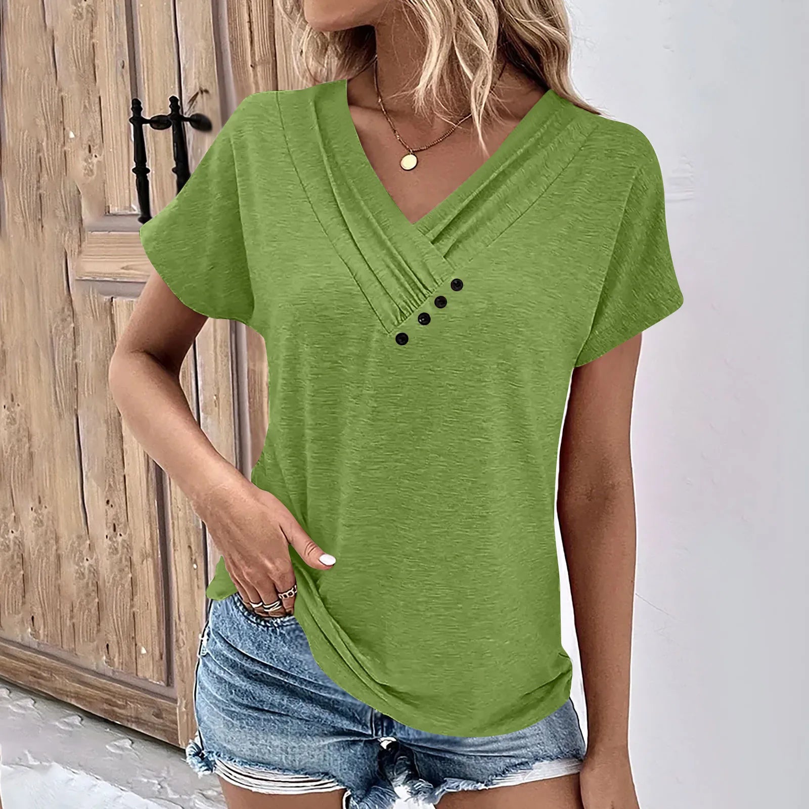 Ribbed V-Neck Tee – Lightweight Summer Top With Chic Button Detail & Stretchy Fabric
