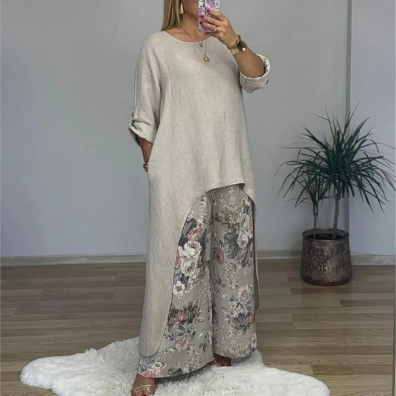 Floral Pants Set – Long Blouse Outfit | Comfortable Women's Wear Two Piece Set