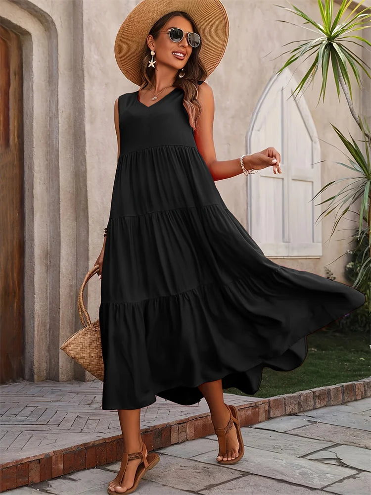 Flowing Maxi Dress - Lightweight Breathable Fabric | Tiered Summer Gown