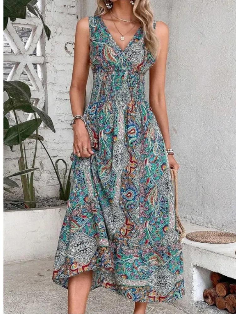 Boho Maxi Dress – Lightweight Sleeveless V-Neck Flowy Summer Dress with Tummy Coverage