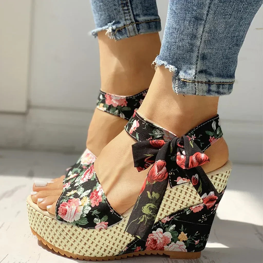 Floral Wedge Sandals - Lace-Up Adjustable Strap Women's Summer Shoes