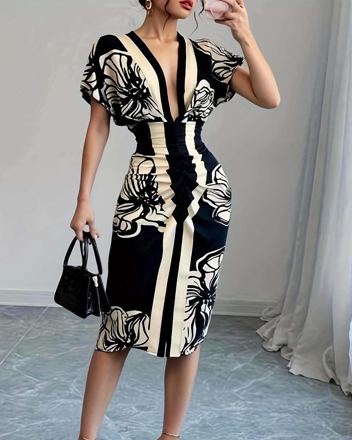 Chic Pleated Dress – Elegant Flowy Evening Midi Dress with Breathable Fabric