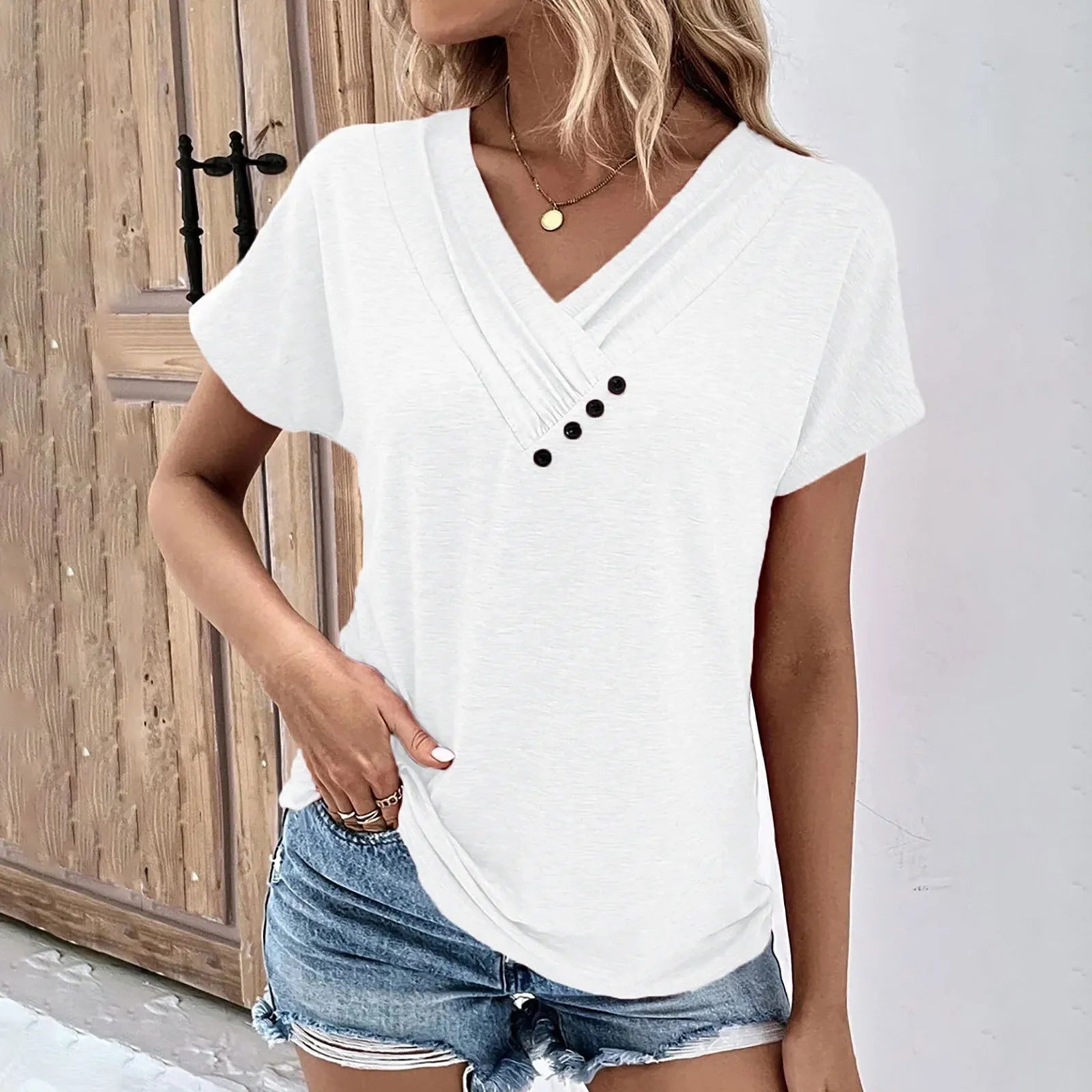 Ribbed V-Neck Tee – Lightweight Summer Top With Chic Button Detail & Stretchy Fabric