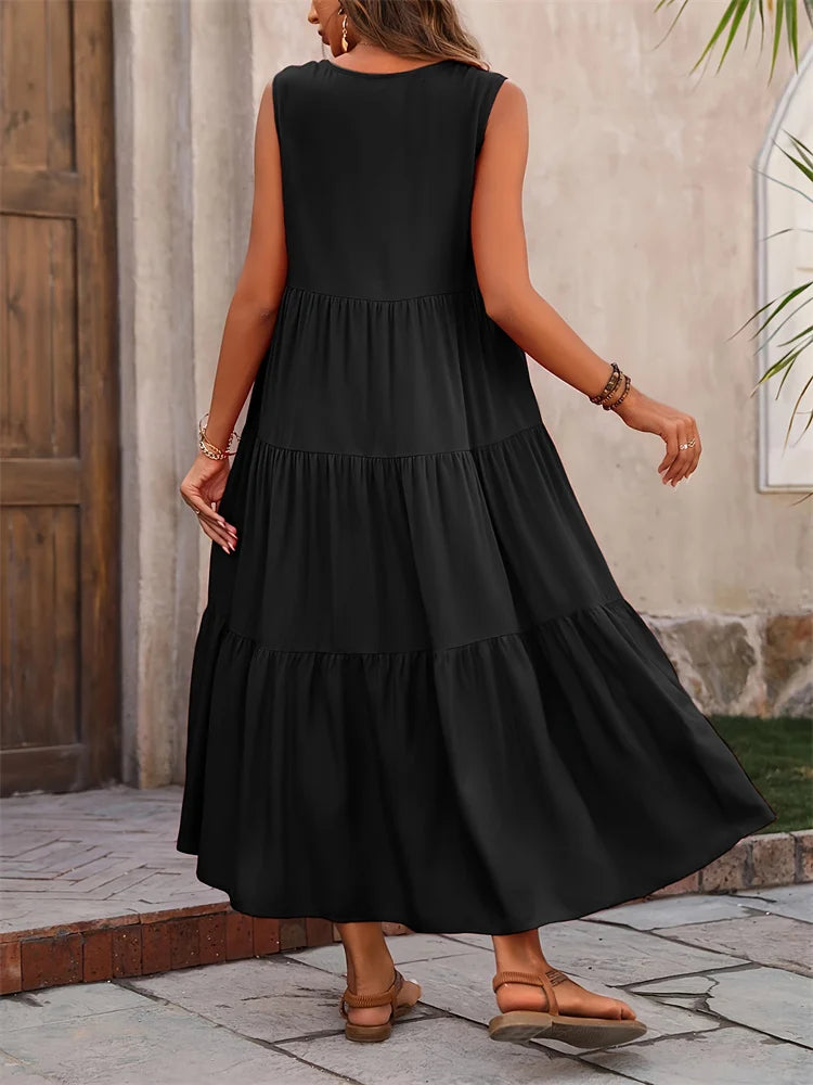 Flowing Maxi Dress - Lightweight Breathable Fabric | Tiered Summer Gown