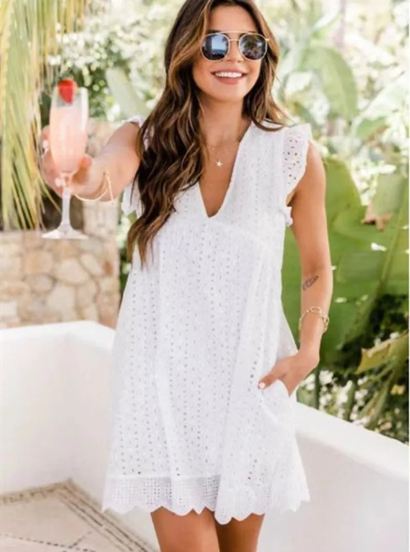 Elegant V-Neck Dress – Comfortable Loose Fit Summer Party Dress With Pockets
