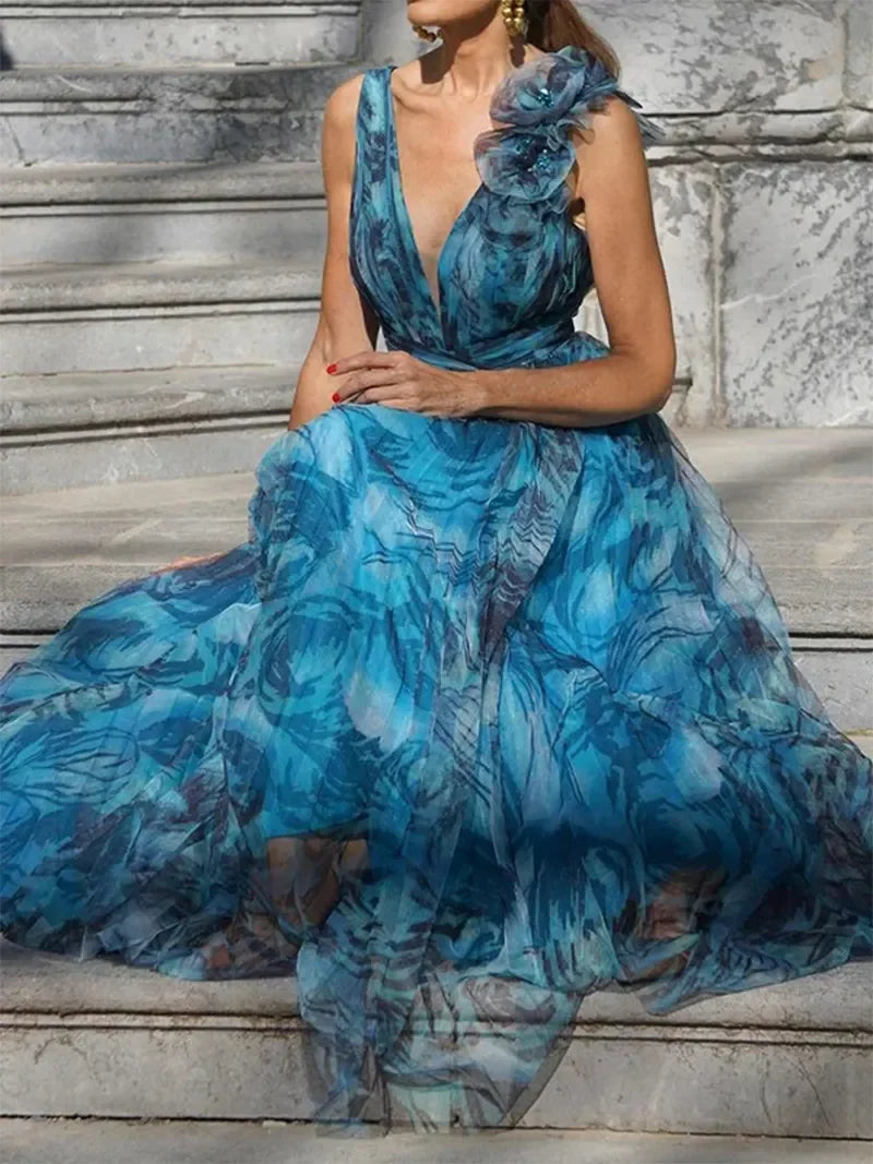 Peacock Blue Maxi Dress - Elegant Flowing Summer Dress with Flattering Fit