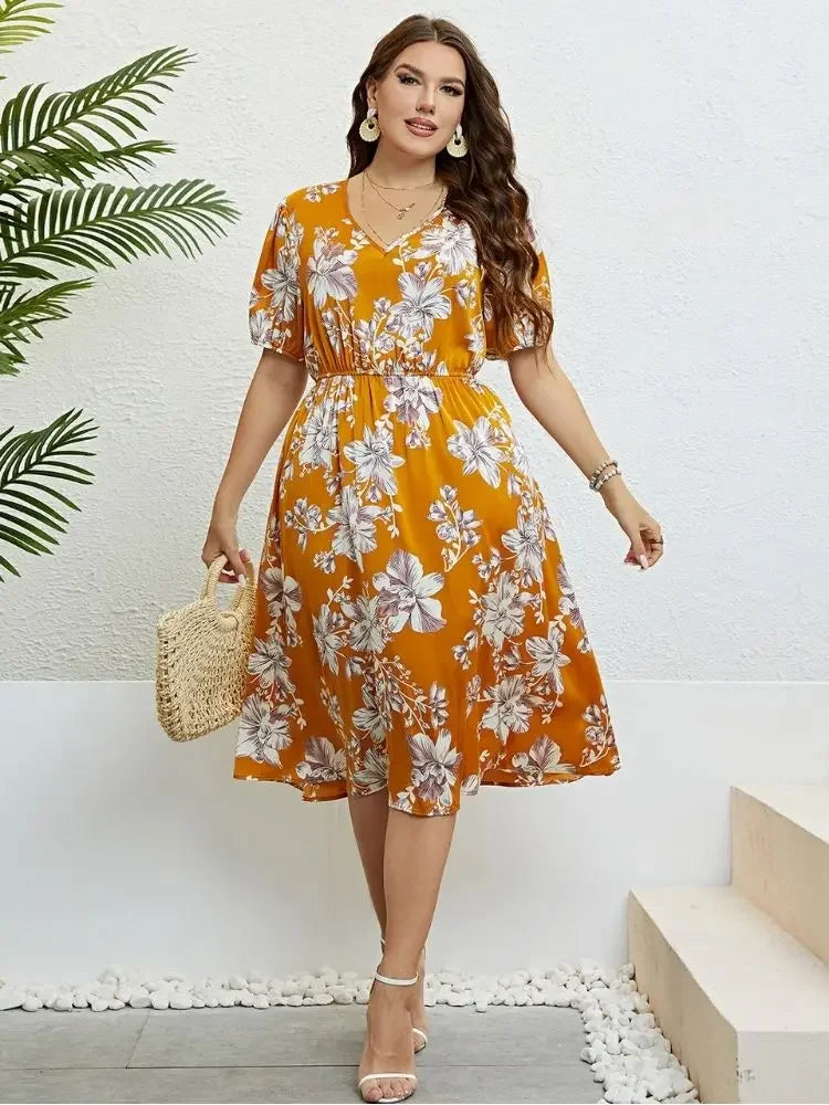 Floral Midi Dress - Yellow A-Line Plus Size Dress With Elastic Waist & V-Neck