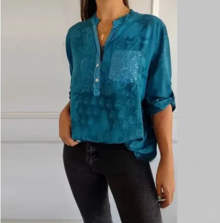 Pocketed V-Neck Shirt – Elegant Women's Casual Shirt with Chest Pocket