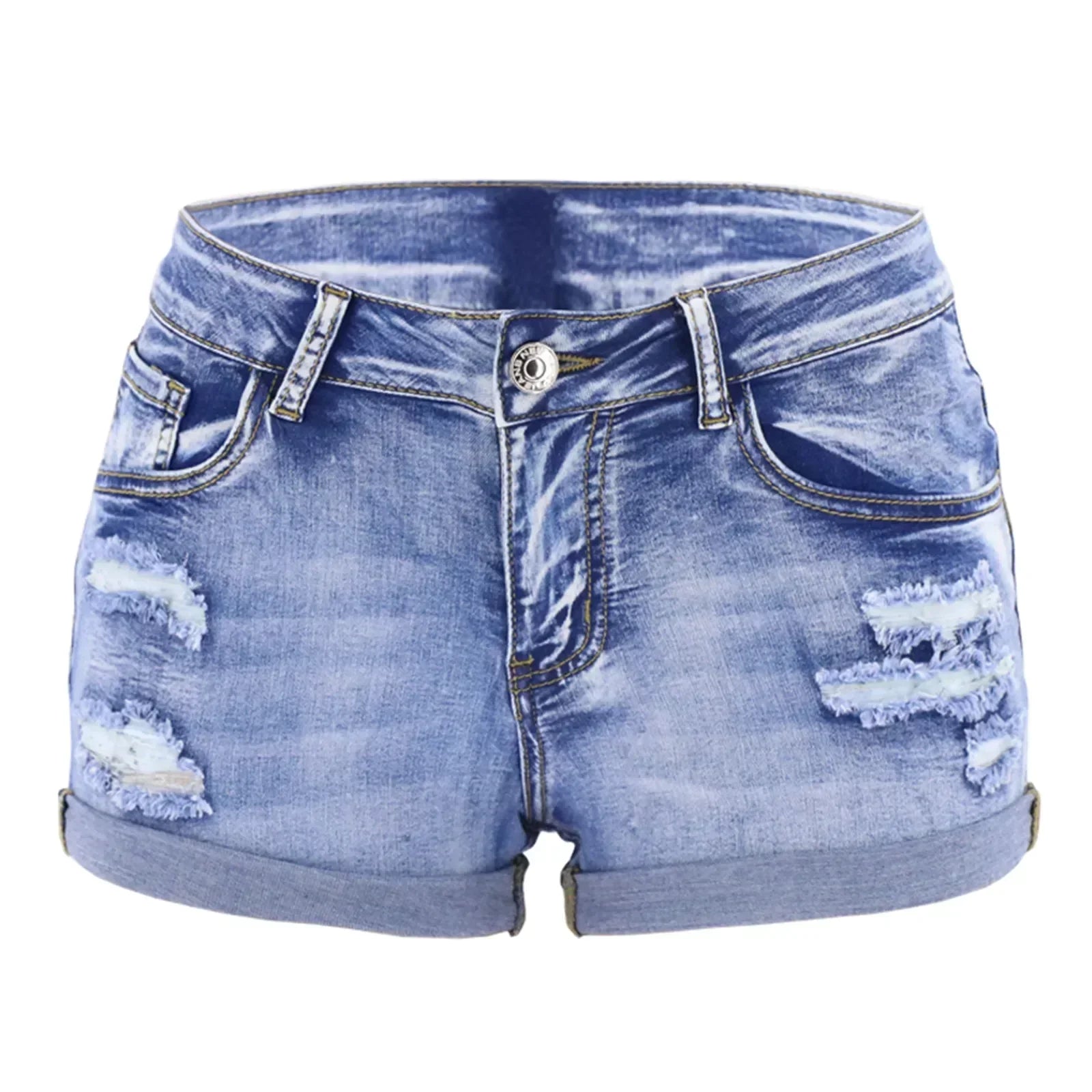 Mid Waist Denim Shorts – Casual Rolled Hem, Distressed Five Pocket Summer Wear