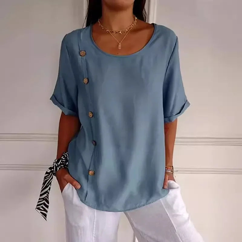 Button Drape Blouse – Elegant Cotton Linen Blouse With Stylish Side Buttons