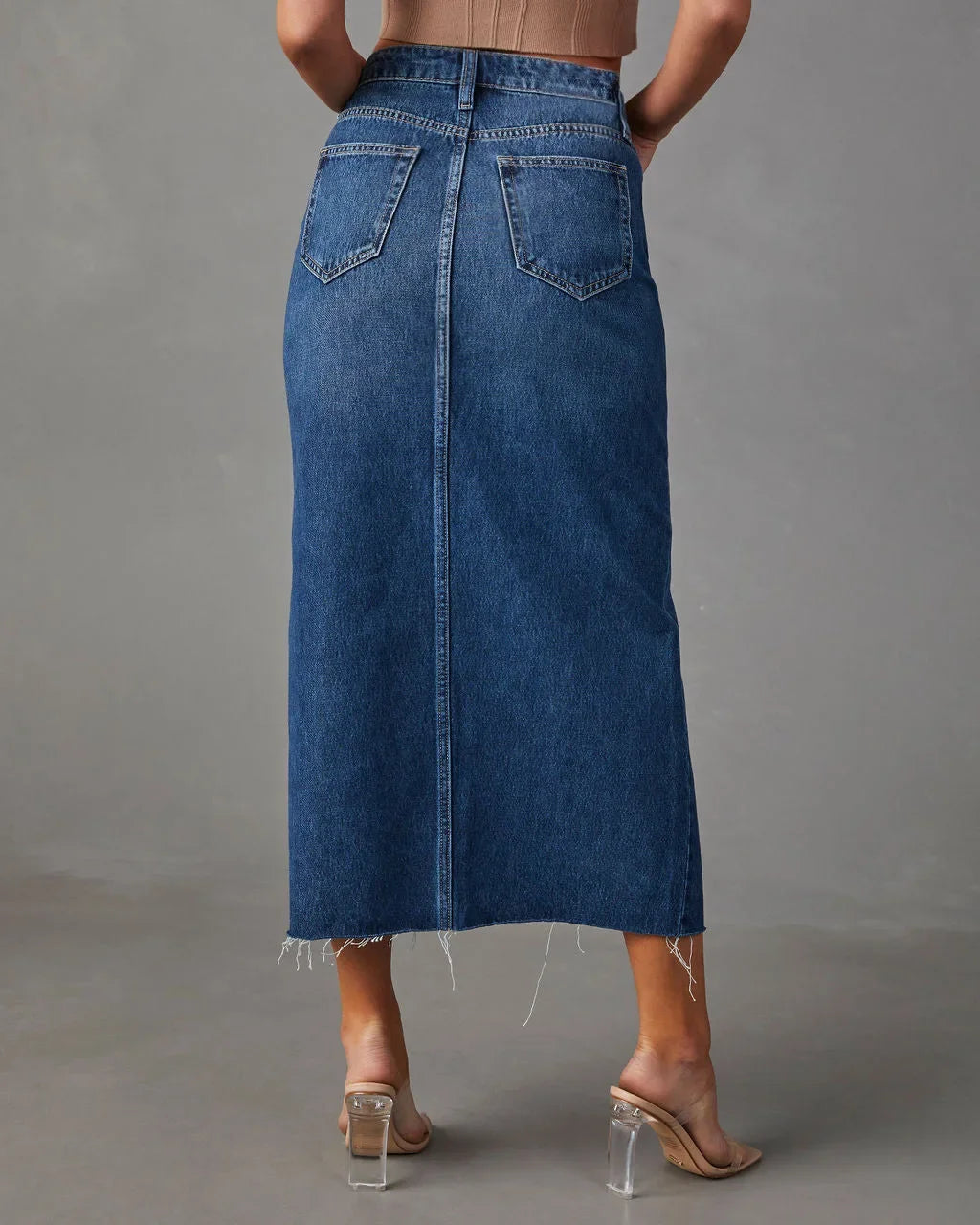 High Waist Denim Skirt – Classic Vintage Style Midi Length With Front Slit