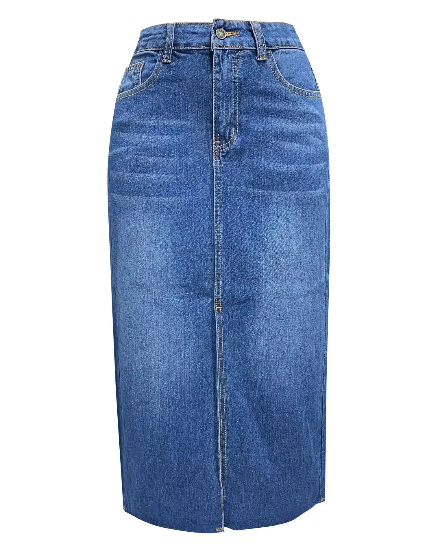 High Waist Denim Skirt – Classic Vintage Style Midi Length With Front Slit