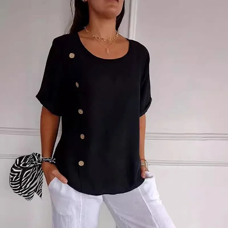 Button Drape Blouse – Elegant Cotton Linen Blouse With Stylish Side Buttons