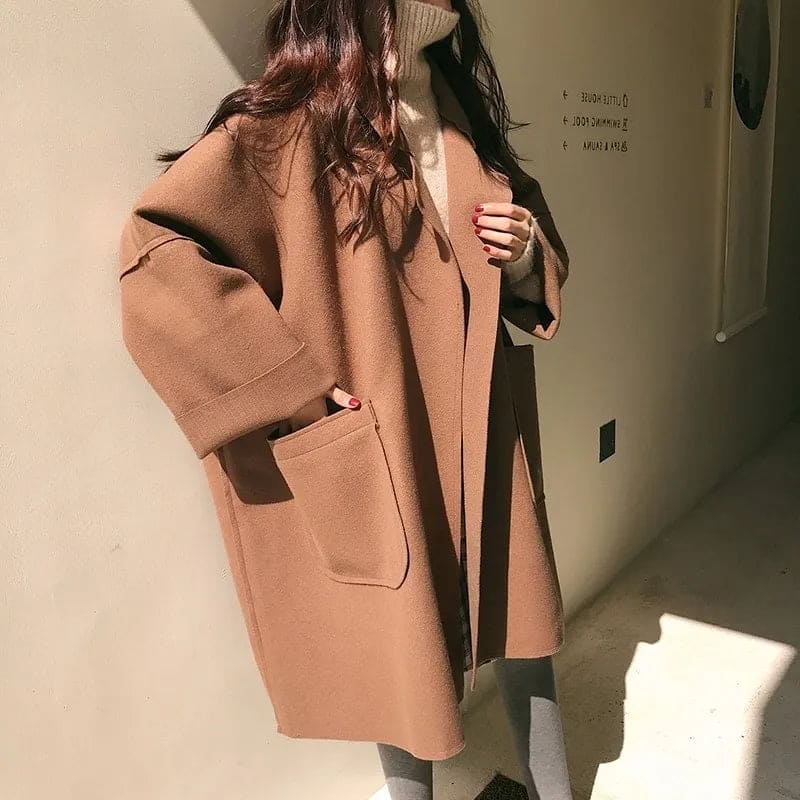Oversized Wool Trenchcoat - Mid Length Classic Wool Blend Jacket For Women
