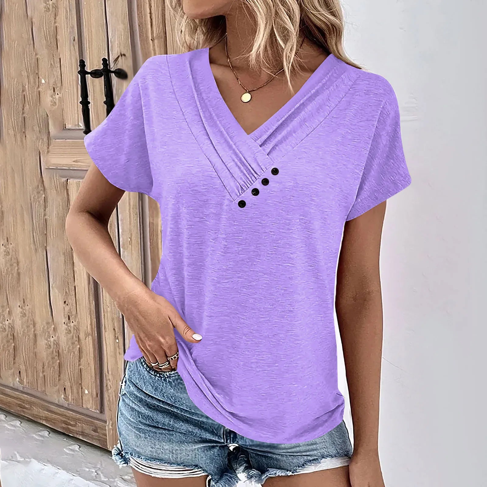 Ribbed V-Neck Tee – Lightweight Summer Top With Chic Button Detail & Stretchy Fabric