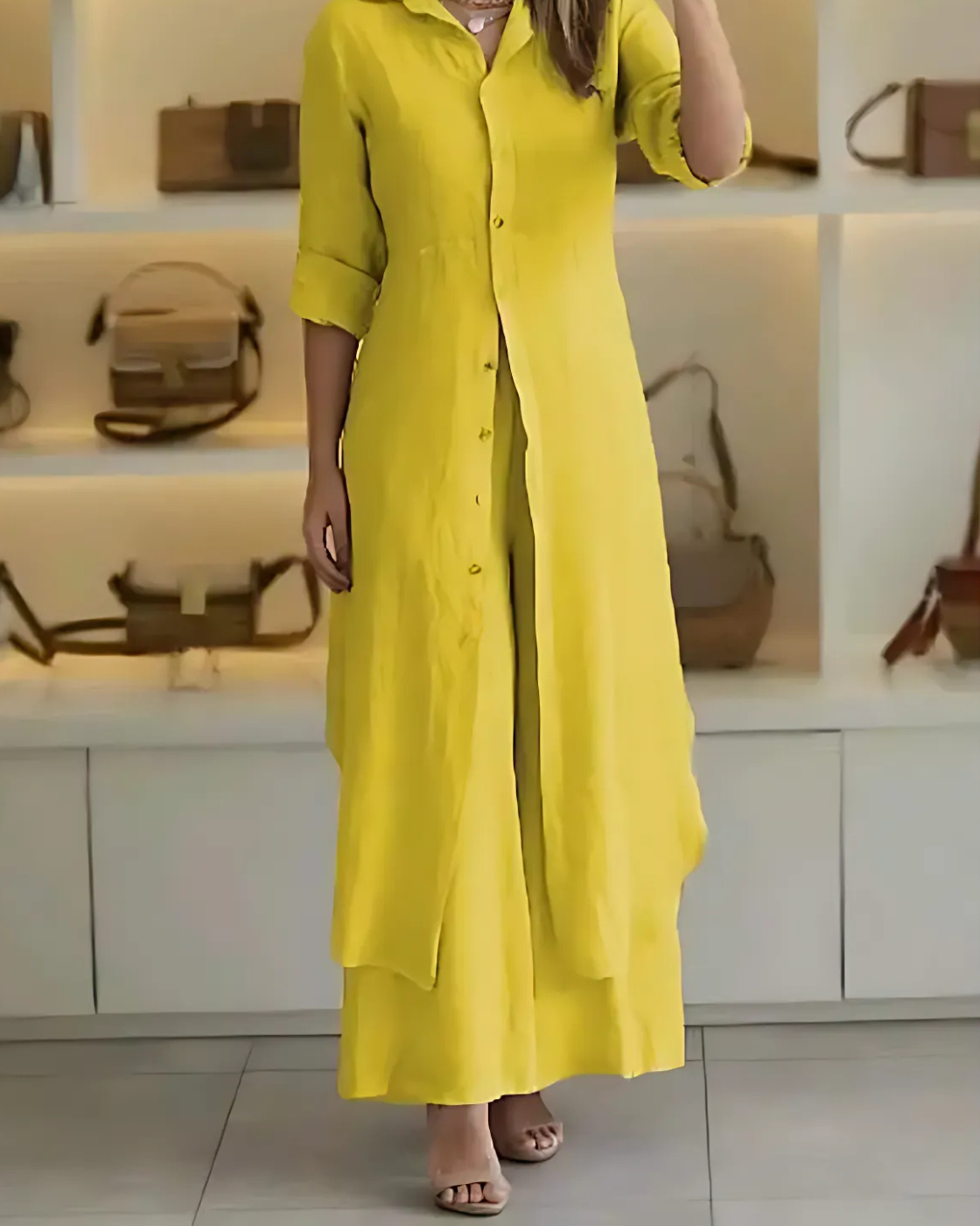 Conjunto Clara Linho Premium – Camisa Chemise Longa e Calça Pantalona Fluida Elegante