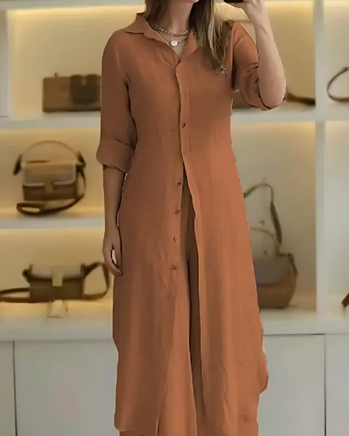 Conjunto Clara Linho Premium – Camisa Chemise Longa e Calça Pantalona Fluida Elegante