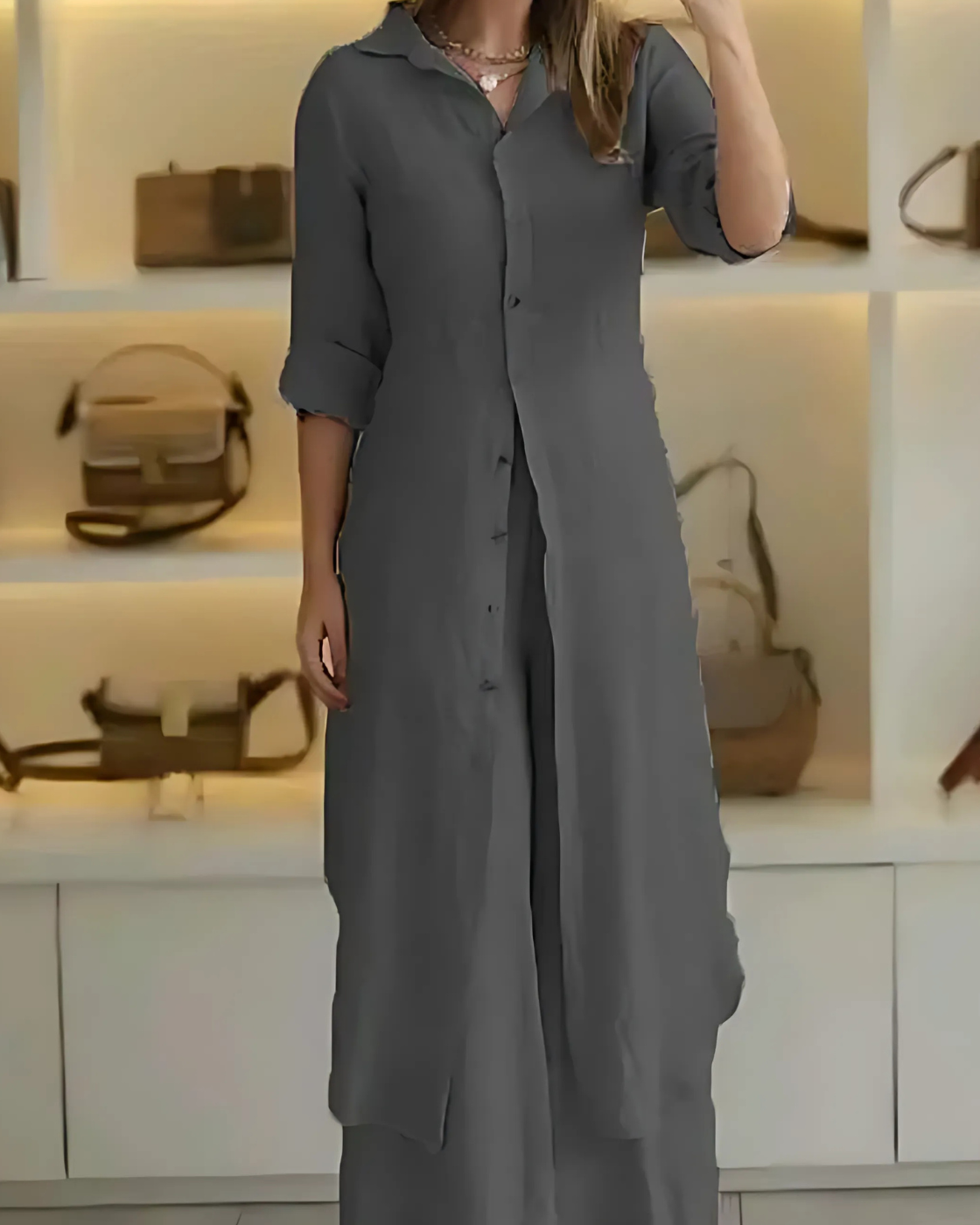 Conjunto Clara Linho Premium – Camisa Chemise Longa e Calça Pantalona Fluida Elegante