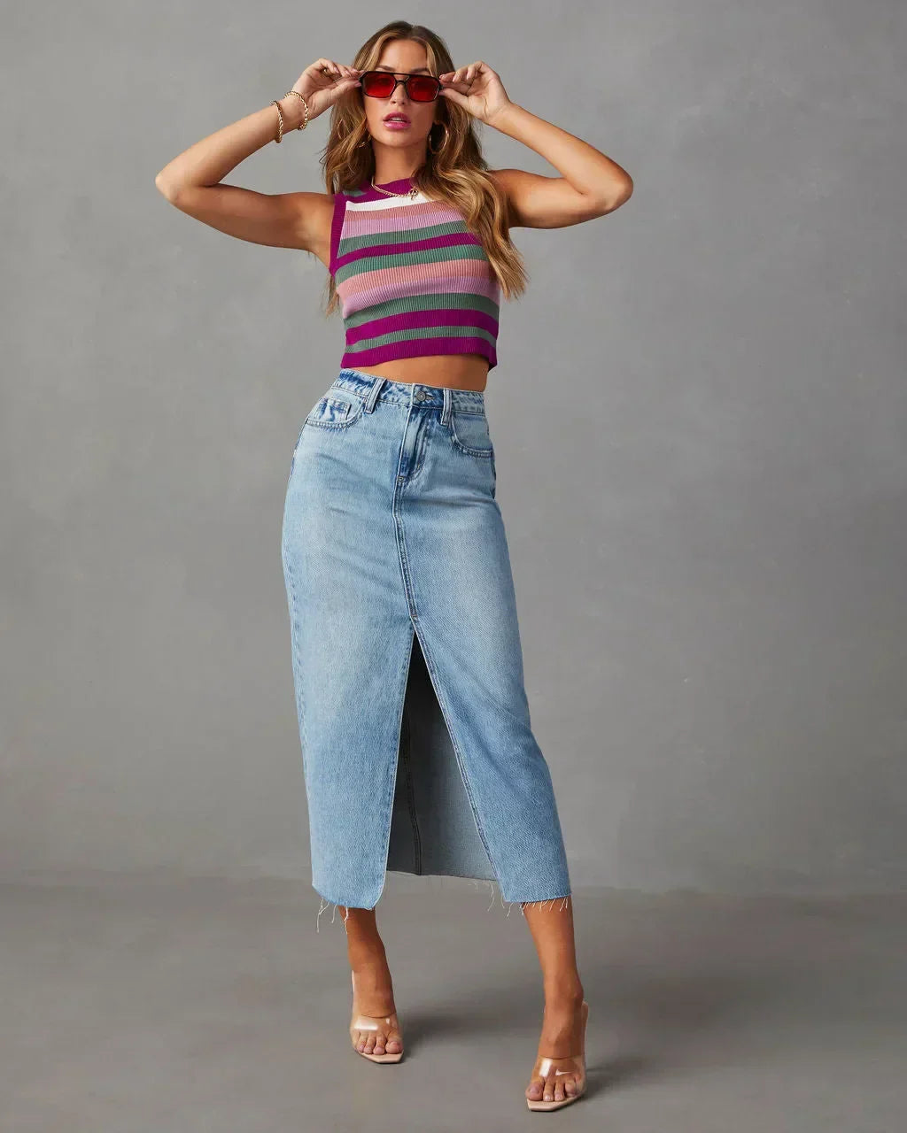 High Waist Denim Skirt – Classic Vintage Style Midi Length With Front Slit