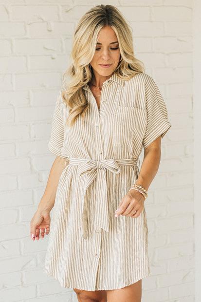 Striped Shirt Dress - Taupe Ivory Stripes, Button Front, Knee Length Dress