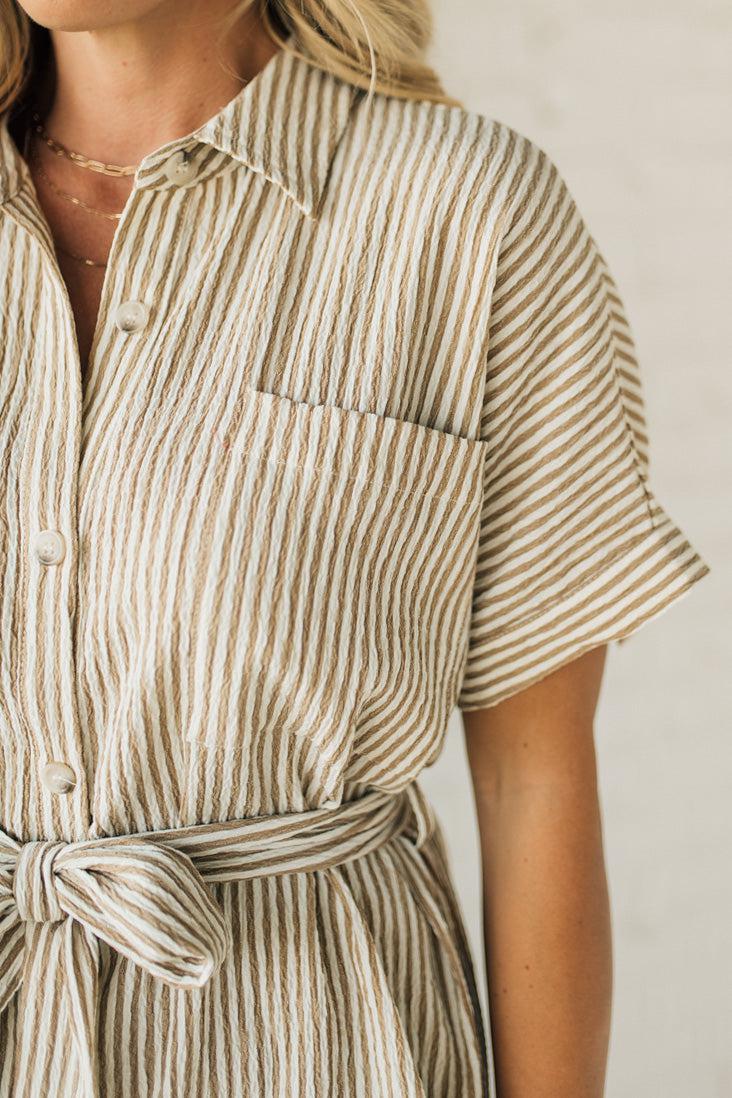 Striped Shirt Dress - Taupe Ivory Stripes, Button Front, Knee Length Dress