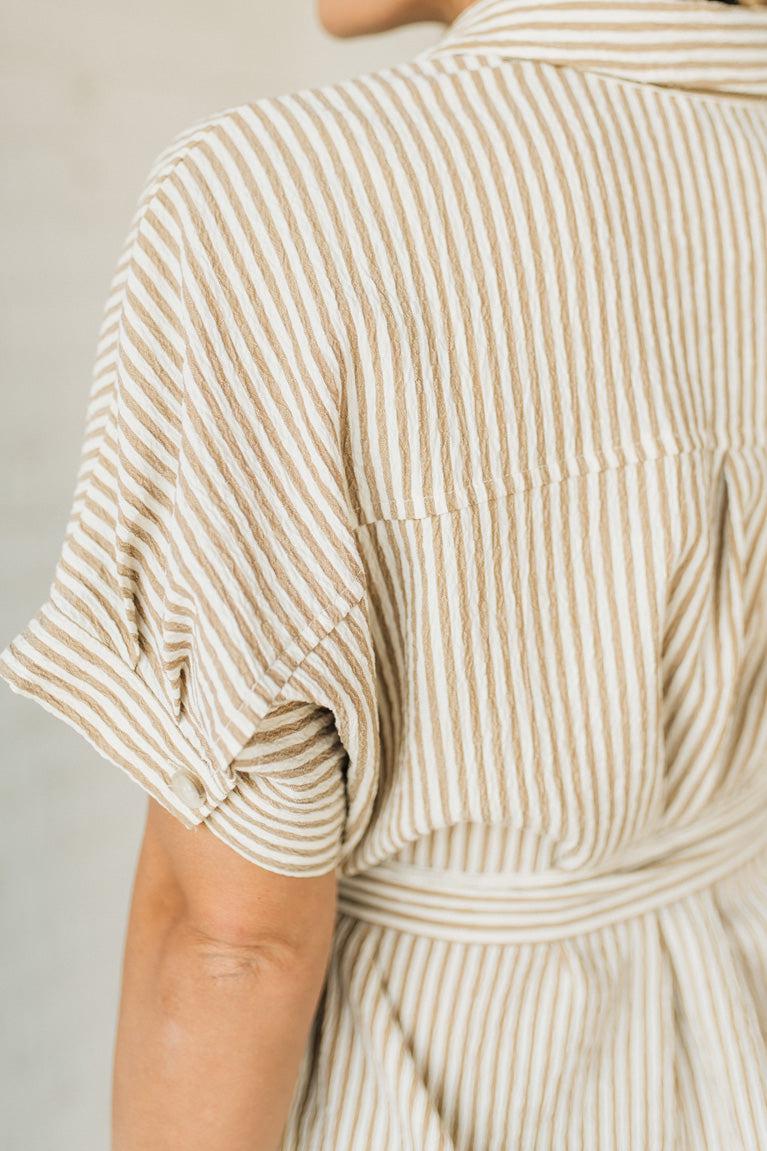 Striped Shirt Dress - Taupe Ivory Stripes, Button Front, Knee Length Dress