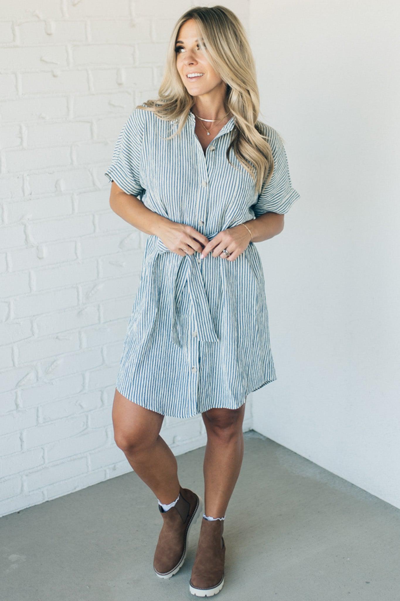 Striped Shirt Dress - Taupe Ivory Stripes, Button Front, Knee Length Dress