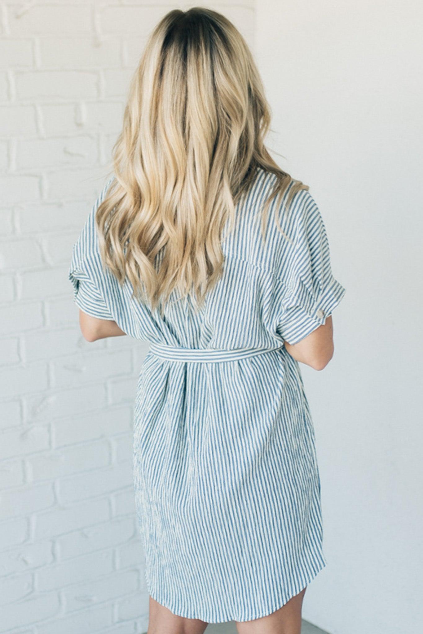 Striped Shirt Dress - Taupe Ivory Stripes, Button Front, Knee Length Dress