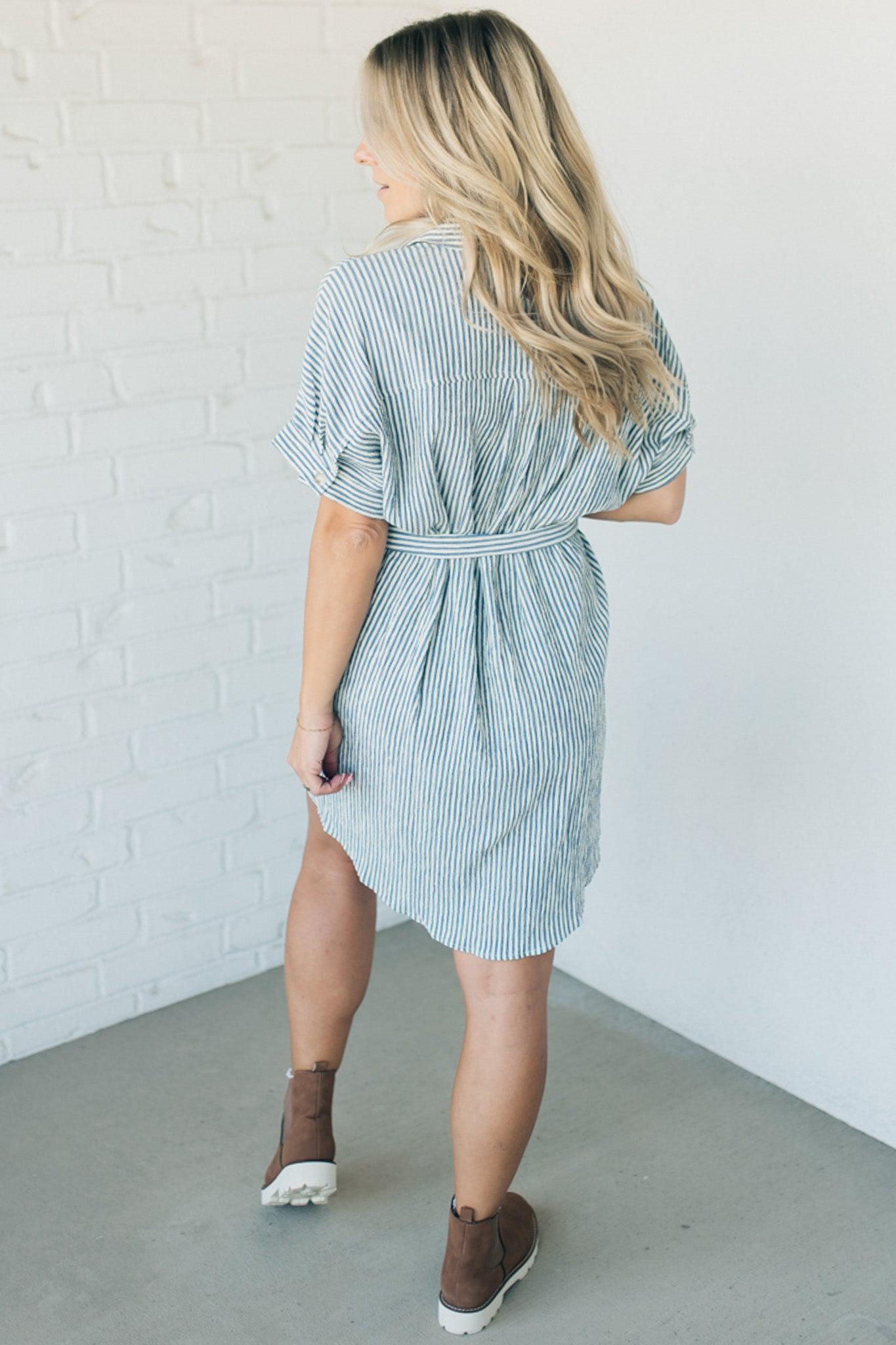 Striped Shirt Dress - Taupe Ivory Stripes, Button Front, Knee Length Dress