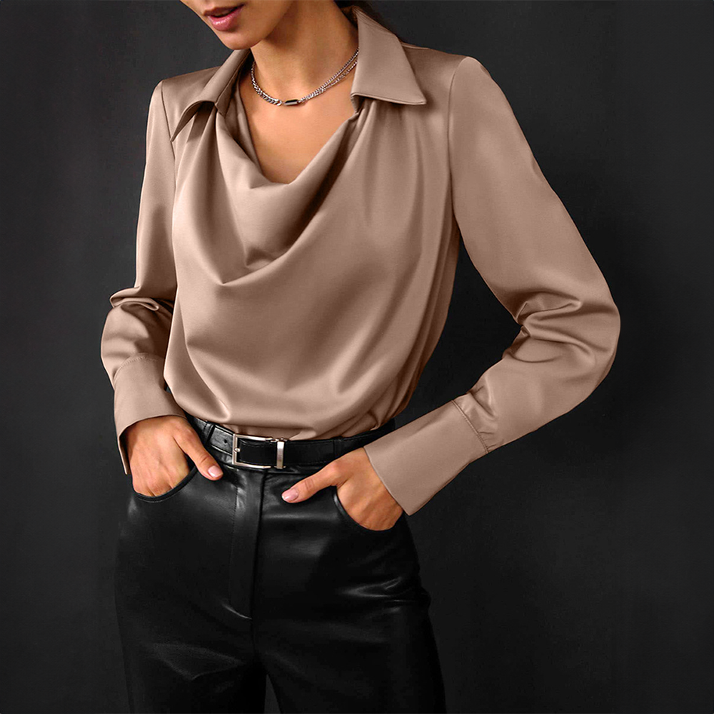 Luxe Satin Blouse – Tailored Silk Shirt With Gathered Neckline & Pleats