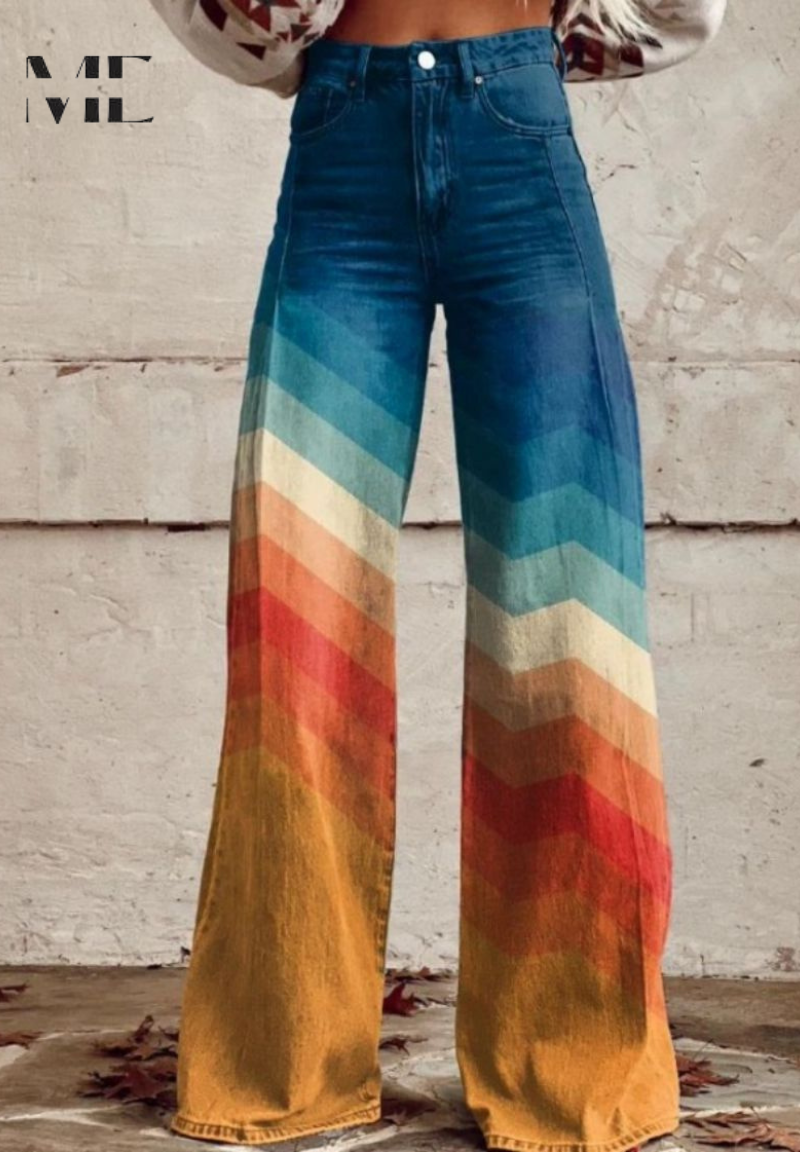 Vintage Flared Jeans – High Waisted Rainbow Striped Denim With Comfortable Stretch