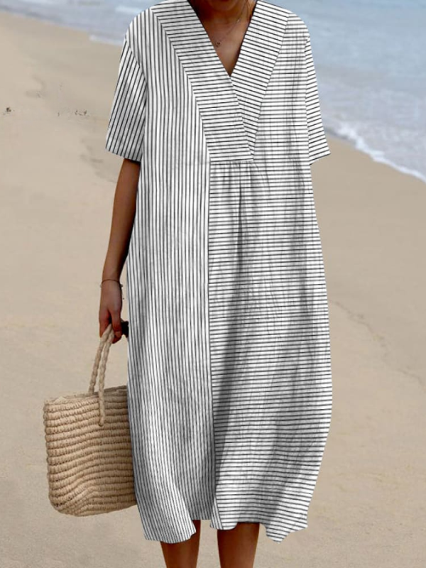 Vintage Striped Midi Dress – Women’s Cotton Linen V Neck Tie Back Summer Dress