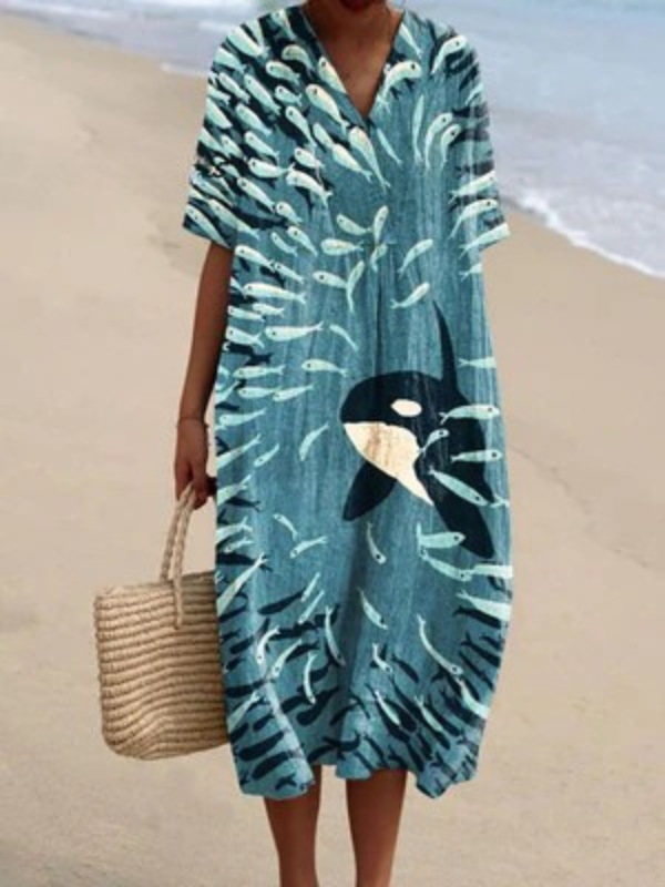 Vintage Art Print Dress - Lightweight Cotton Linen Flowy Summer Dress With Tie Back Design